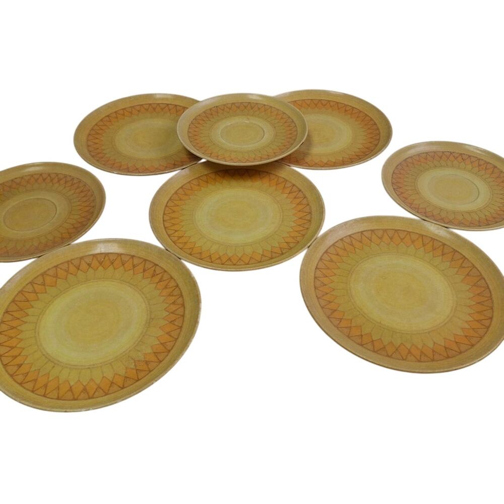 8 Vintage 1970s Lenox Ware Plastic Orange Gold Triangle Pattern Dinner Plates